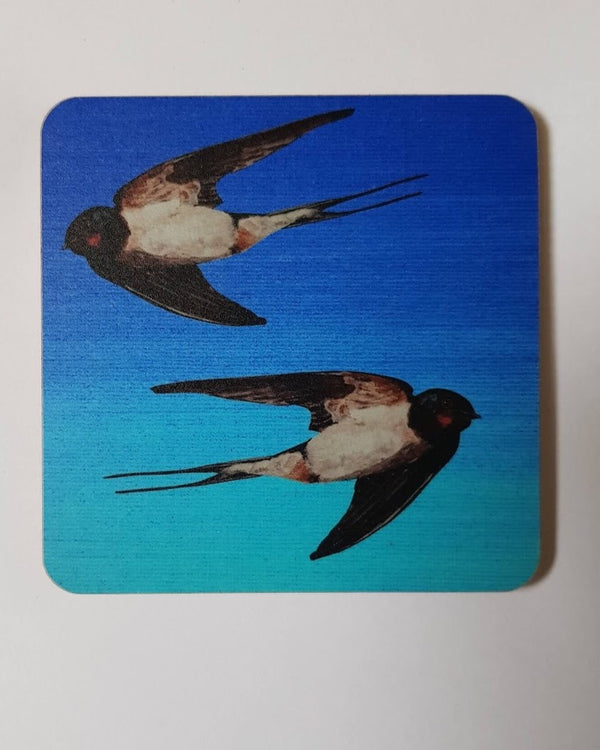 Original Art Print of Summer Swallows on a Wooden & Cork Coaster by Bird in France