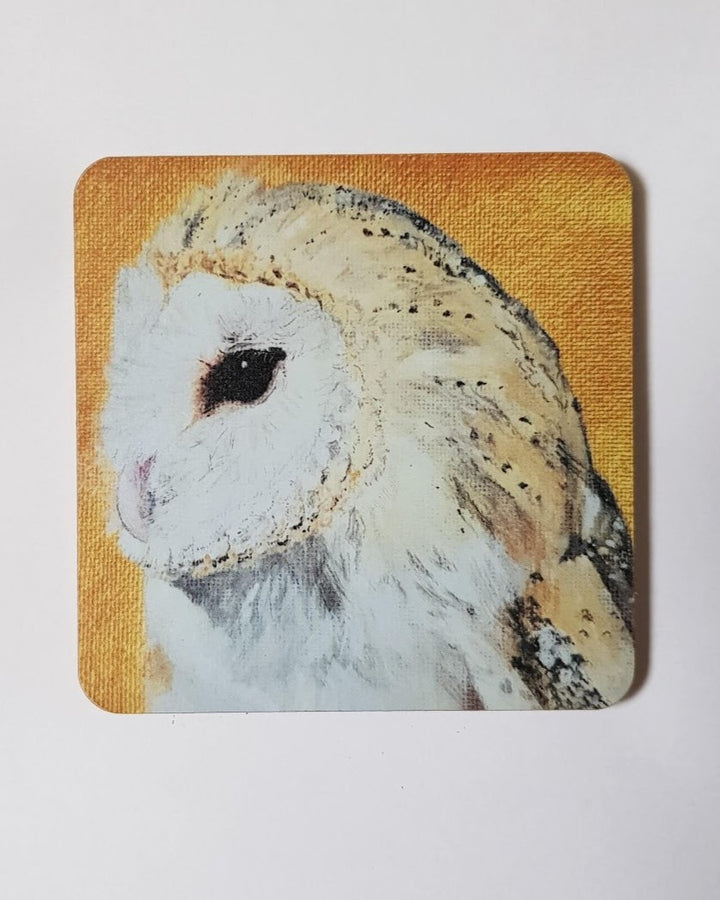 Original Art Print of a Barn Owl on a Wooden & Cork Coaster by Bird in France