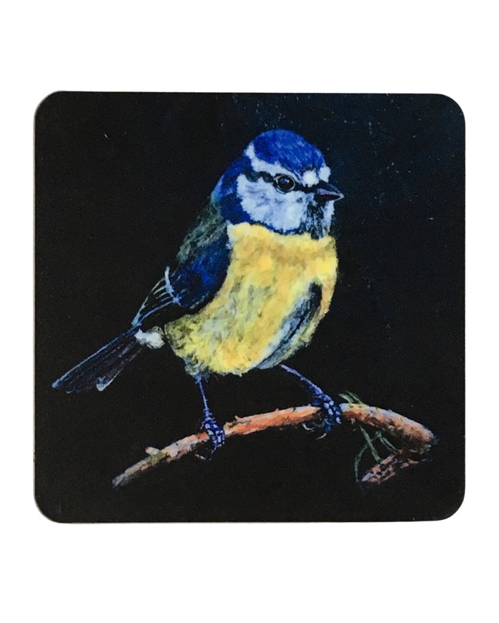 Original Art Print of a Blue Tit on a Wooden & Cork Coaster by Bird in France