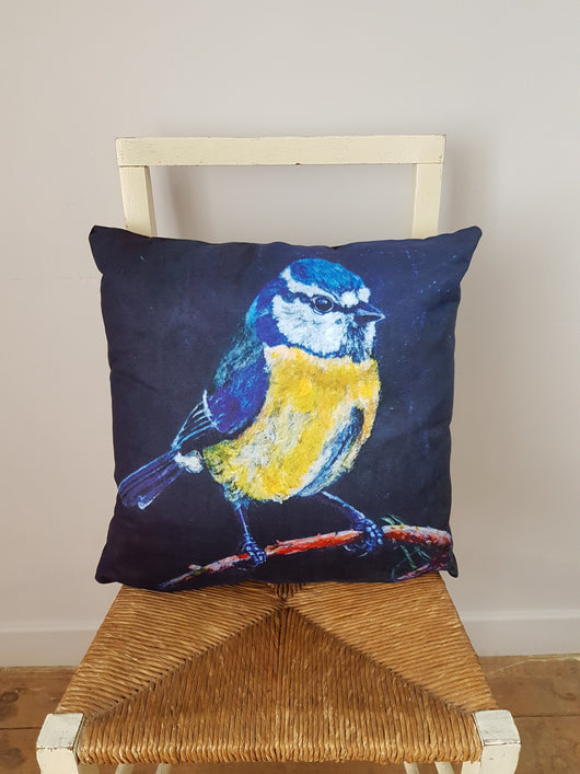 Original artwork blue tit cushion