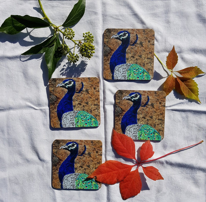 Original Art Print of a Peacock on a Wooden & Cork Coaster by Bird in France