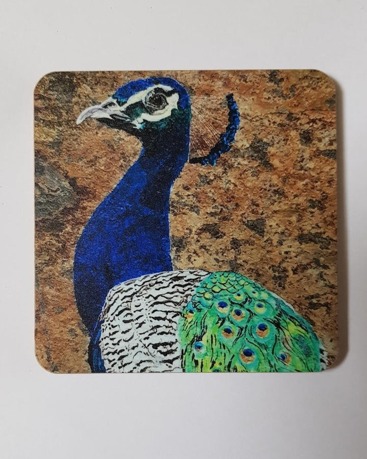 Original Art Print of a Peacock on a Wooden & Cork Coaster by Bird in France
