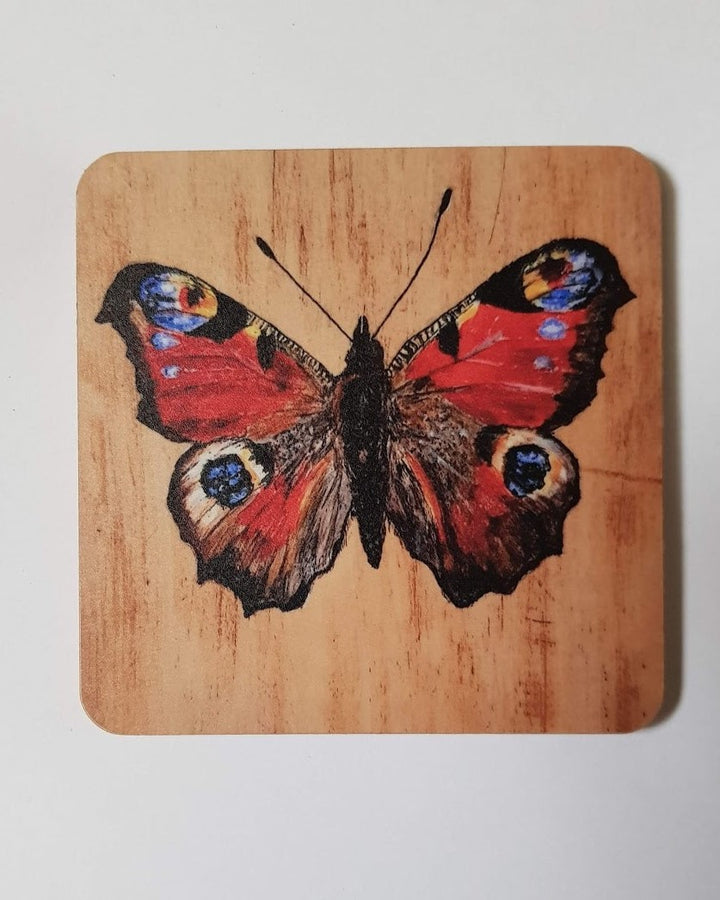 Original Art Print of a on a Butterfly Wooden & Cork Coaster by Bird in France