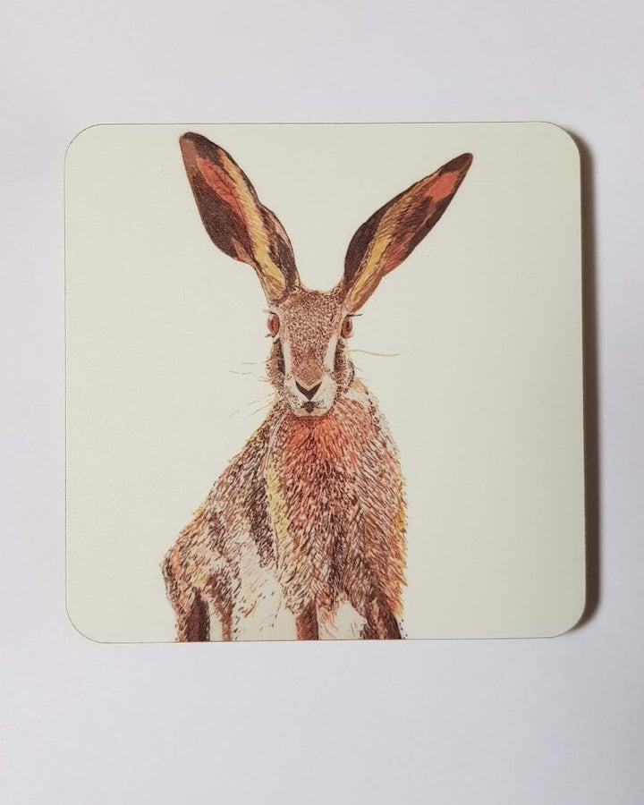 Original Art Print of a Hare on a Wooden & Cork Coaster by Bird in France