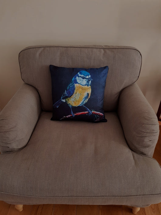 Original Art Blue Tit Cushion Print by Bird in France