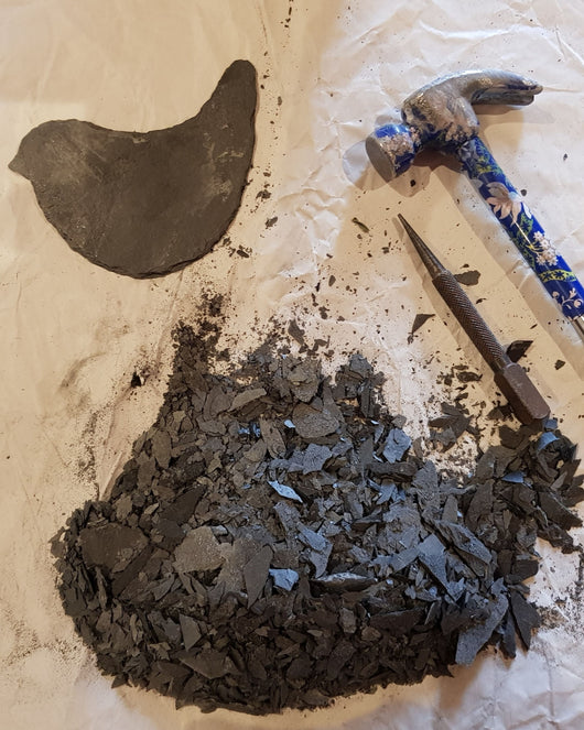 Breton Vintage Slate being Cut for Hanging Decorations by Bird in France