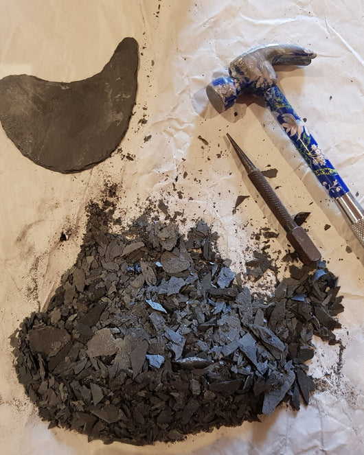 Breton Vintage Slate being Cut for Hanging Decorations by Bird in France