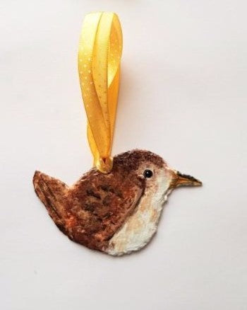 Hand-Painted Wren on Vintage Breton Slate | Hanging Decorations by Bird in France