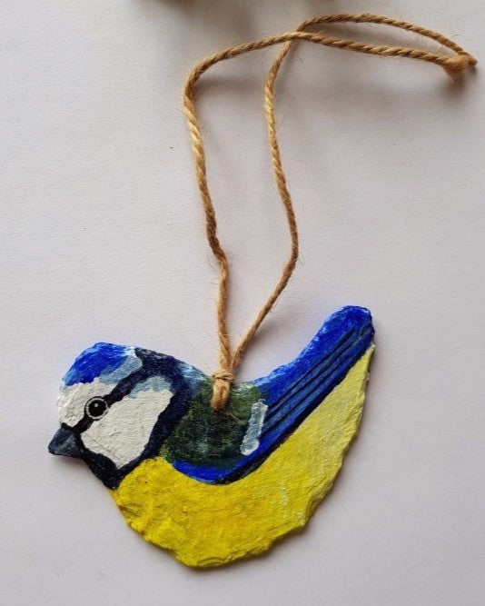 Hand-Painted Blue Tit on Vintage Breton Slate | Hanging Decorations by Bird in France