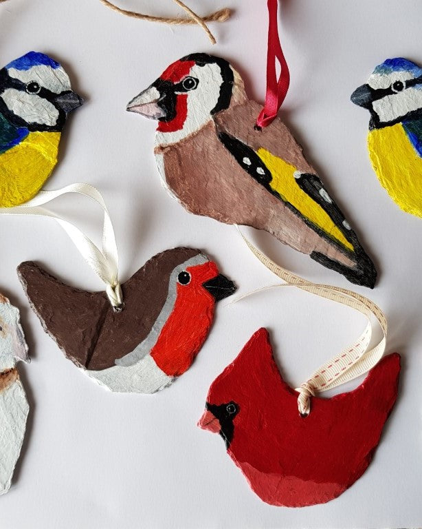 Hand-Painted Goldfinch on Vintage Breton Slate | Hanging Decorations by Bird in France