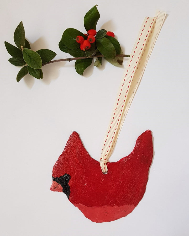 Hand-Painted Red Cardinal on Vintage Breton Slate | Hanging Decorations by Bird in France