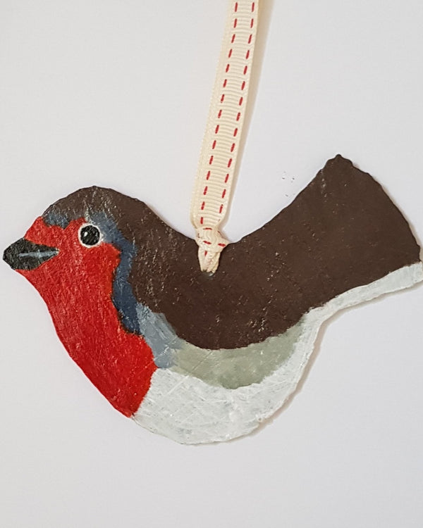 Hand-Painted Red Robin on Vintage Breton Slate | Hanging Decorations by Bird in France
