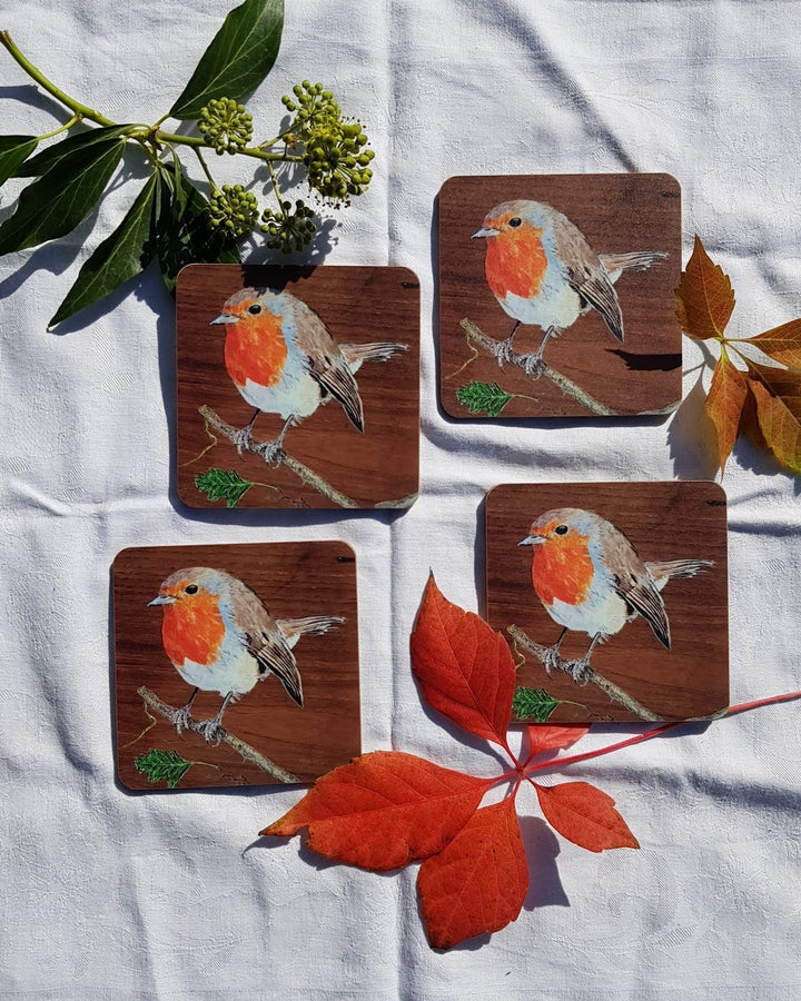 Original Art Print of a Red Breasted Robin on a Wooden & Cork Coaster by Bird in France