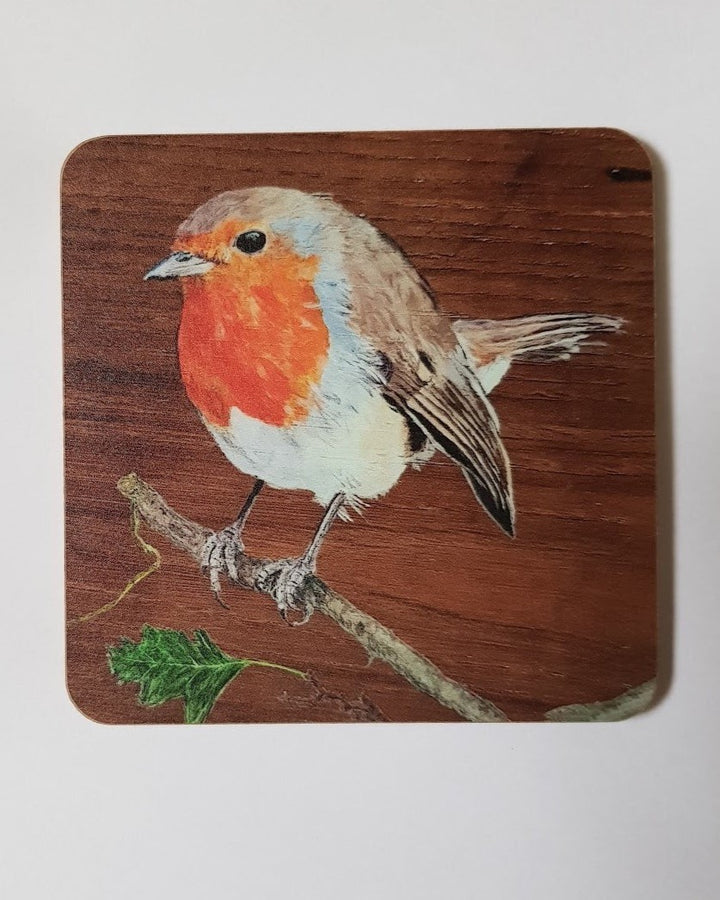 Original Art Print of a Red Breasted Robin on a Wooden & Cork Coaster by Bird in France